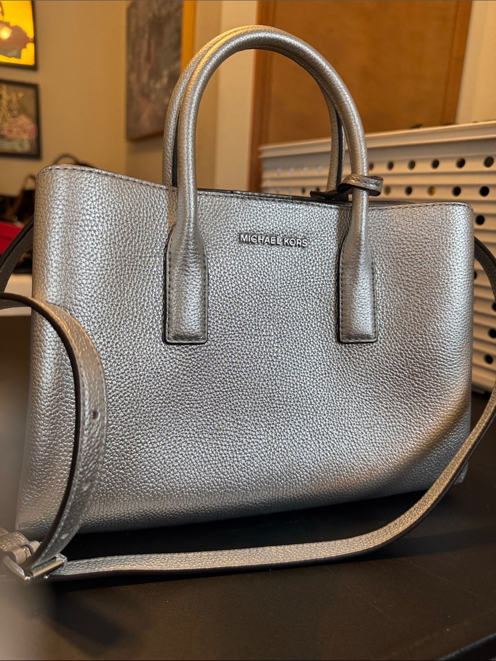 Michael Kors Metallic Silver Pebbled Leather Satchel